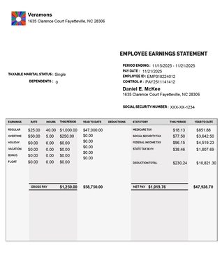 Paystub detailed  classic with logo and with Additional Compensation like overtime, holidy, vacation, bonus , float