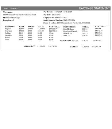 Paystub detailed old with Additional Compensation like overtime, holidy, vacation, bonus , float 