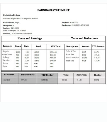  Paystub detailed old with Additional Compensation like overtime, holidy, vacation, bonus , float 