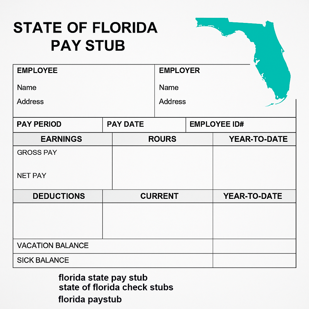Sample Florida paystub template for 2025 with gross and net pay, taxes, and deductions